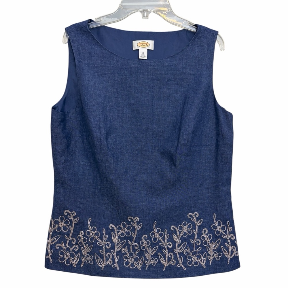 Talbots Navy Linen Blend Sleeveless Blouse Embroidered Hem Size 10